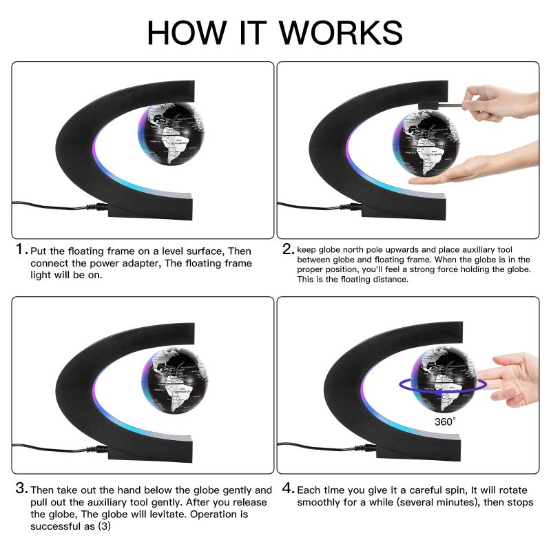 Gresus Magnetic Levitation Floating World Map Globe, C Shape Base with LED Lights, Great Fathers Students Teacher Business Boyfriend Birthday Gift for Desk Decoration ï¼ˆBlack) (Globe doesn't light up) - Image 3